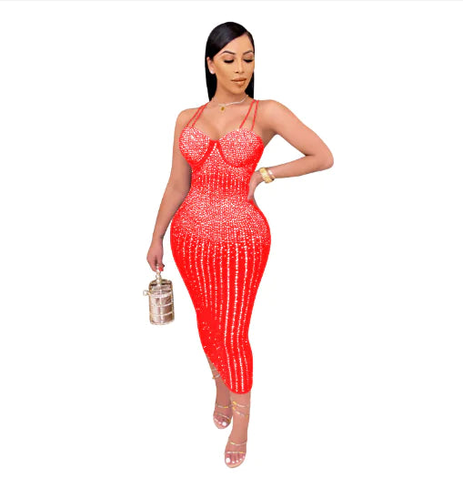 Women's See-through Rhinestone Strap Yarn Dress
