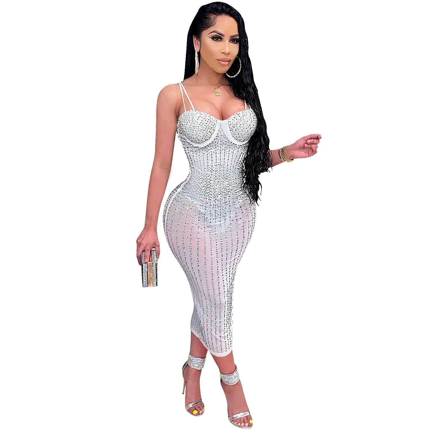 Women's See-through Rhinestone Strap Yarn Dress