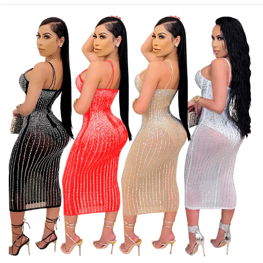 Women's See-through Rhinestone Strap Yarn Dress