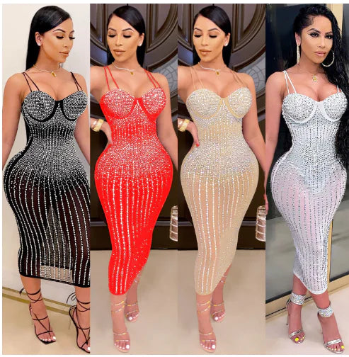 Women's See-through Rhinestone Strap Yarn Dress