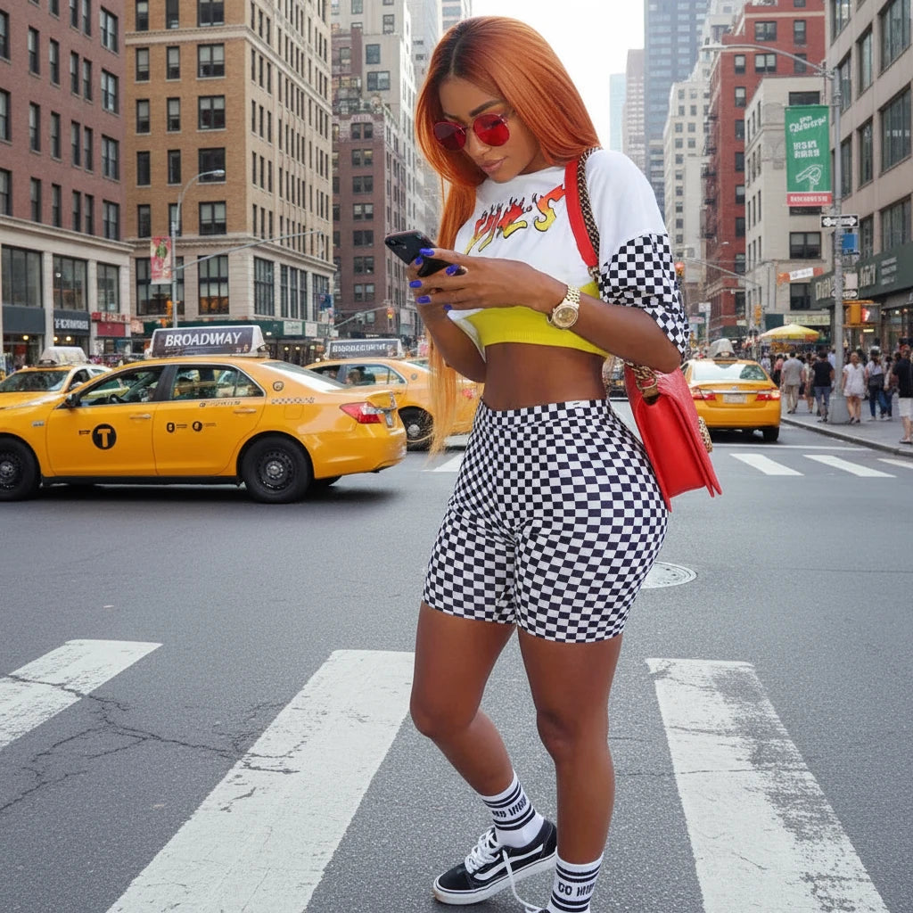 Conjunto de shorts ajustados y top corto de estilo urbano a la moda