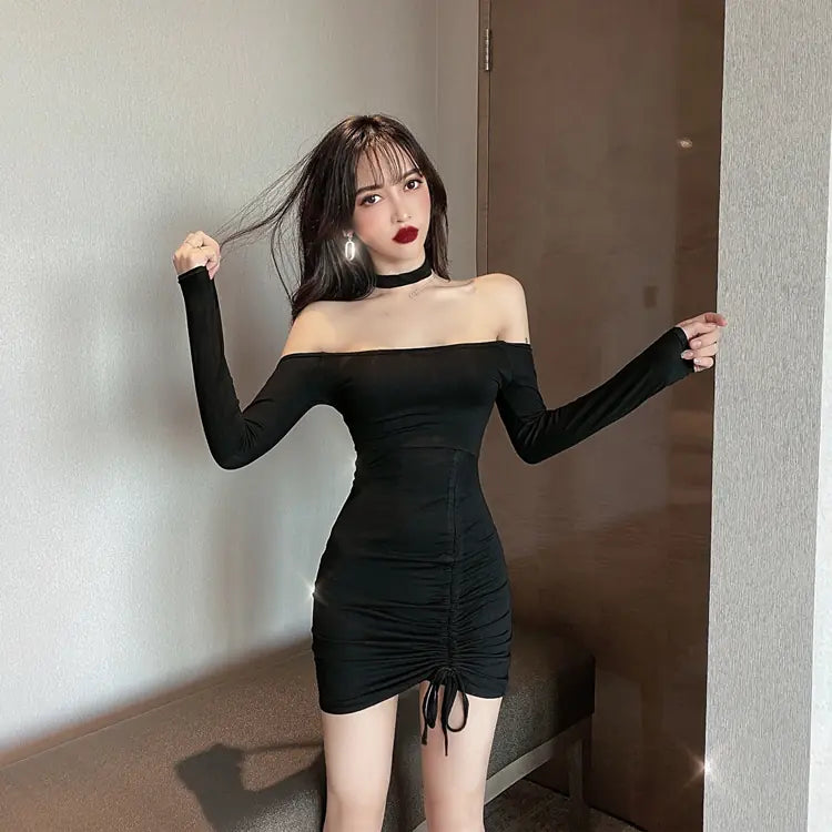 Vestido Ceñido de Manga Larga y Hombro Descubierto Otoñal Sexy