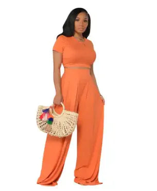 Casual Crop Top and Wide Leg Two-Piece Set (One Set)