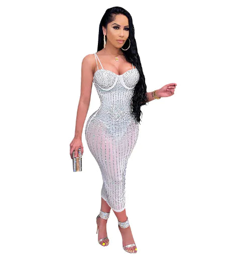 Women's See-through Rhinestone Strap Yarn Dress