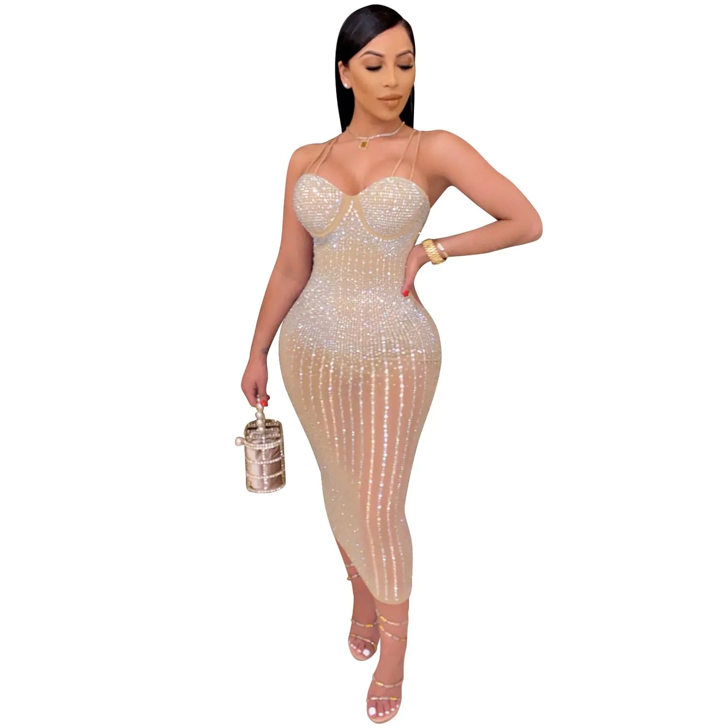 Women's See-through Rhinestone Strap Yarn Dress