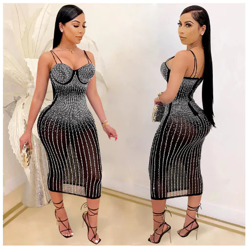 Women's See-through Rhinestone Strap Yarn Dress