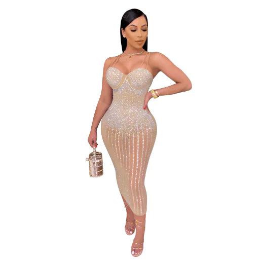 Women's See-through Rhinestone Strap Yarn Dress